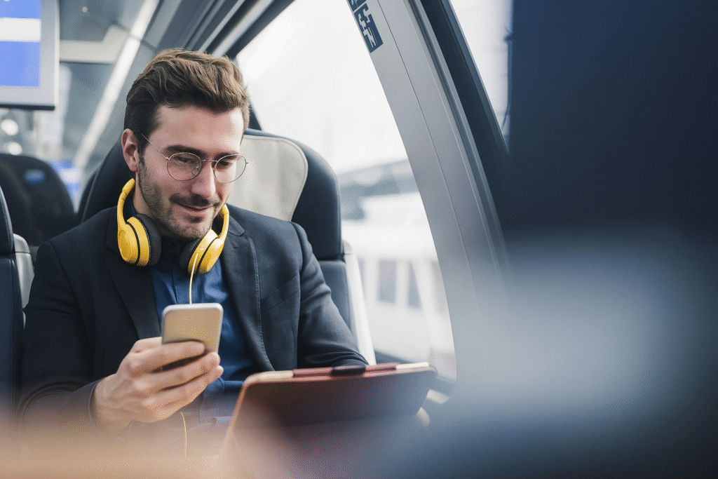 Homem viajando, mexendo no celular com um tablet na outra mão